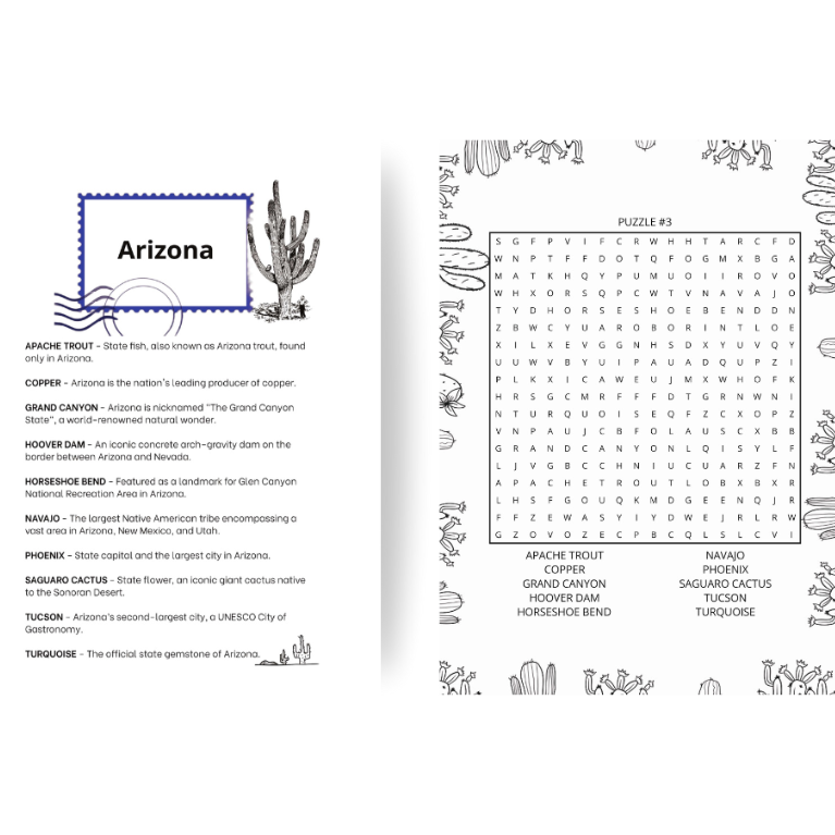 United States Word Search with Educational Facts and Coloring Pages